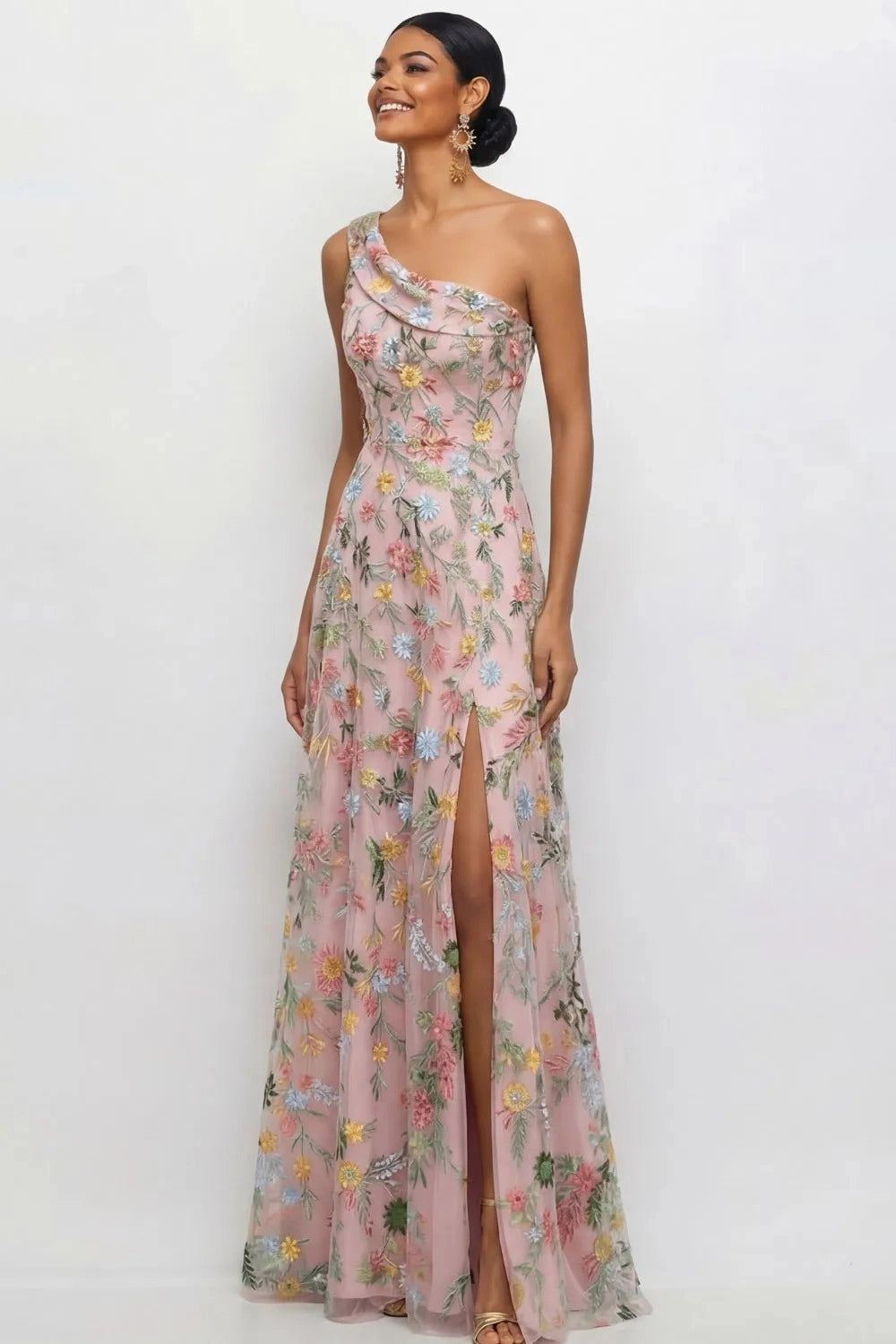 Chic A Line One Shoulder Floral Embroidered Slit Floor Length Wedding Guest Dress