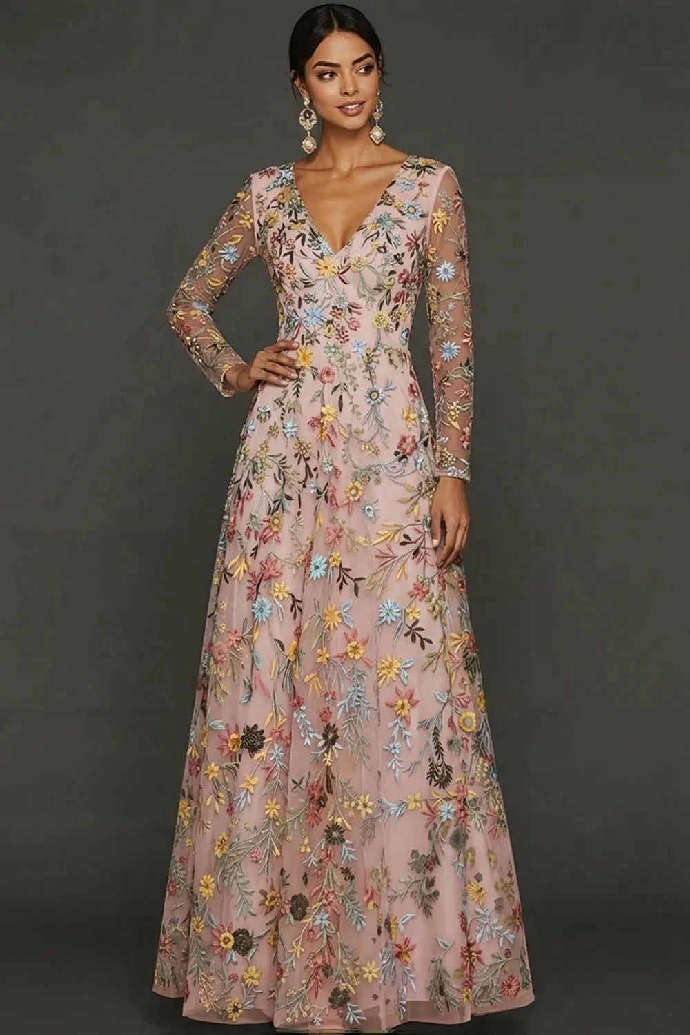 Elegant A Line V Neck Long Sleeve Floral Embroidered Floor Length Wedding Guest Dress