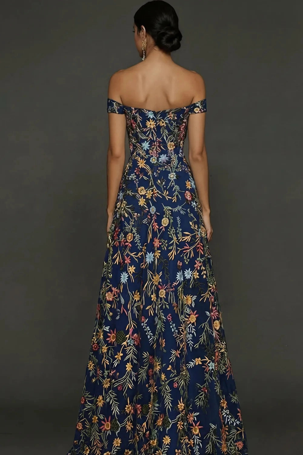 Romantic A Line Sweetheart Off Shoulder Floral Embroidered Floor Length Wedding Guest Dress