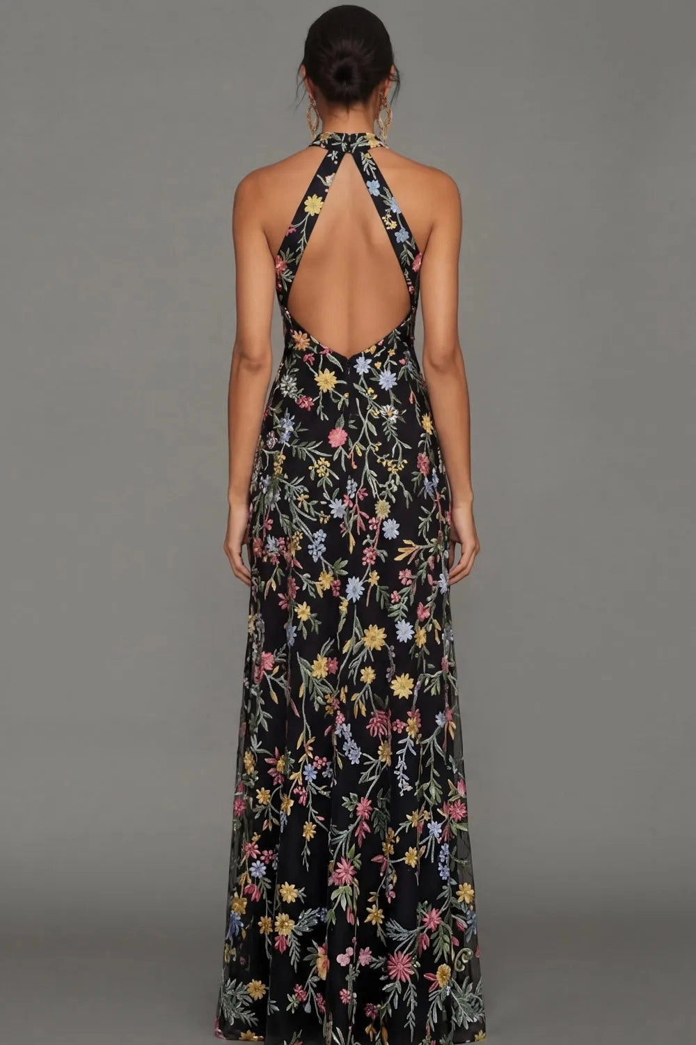 Romantic Floral Embroidered A-Line Halter Sleeveless Backless Long Wedding Guest Dress