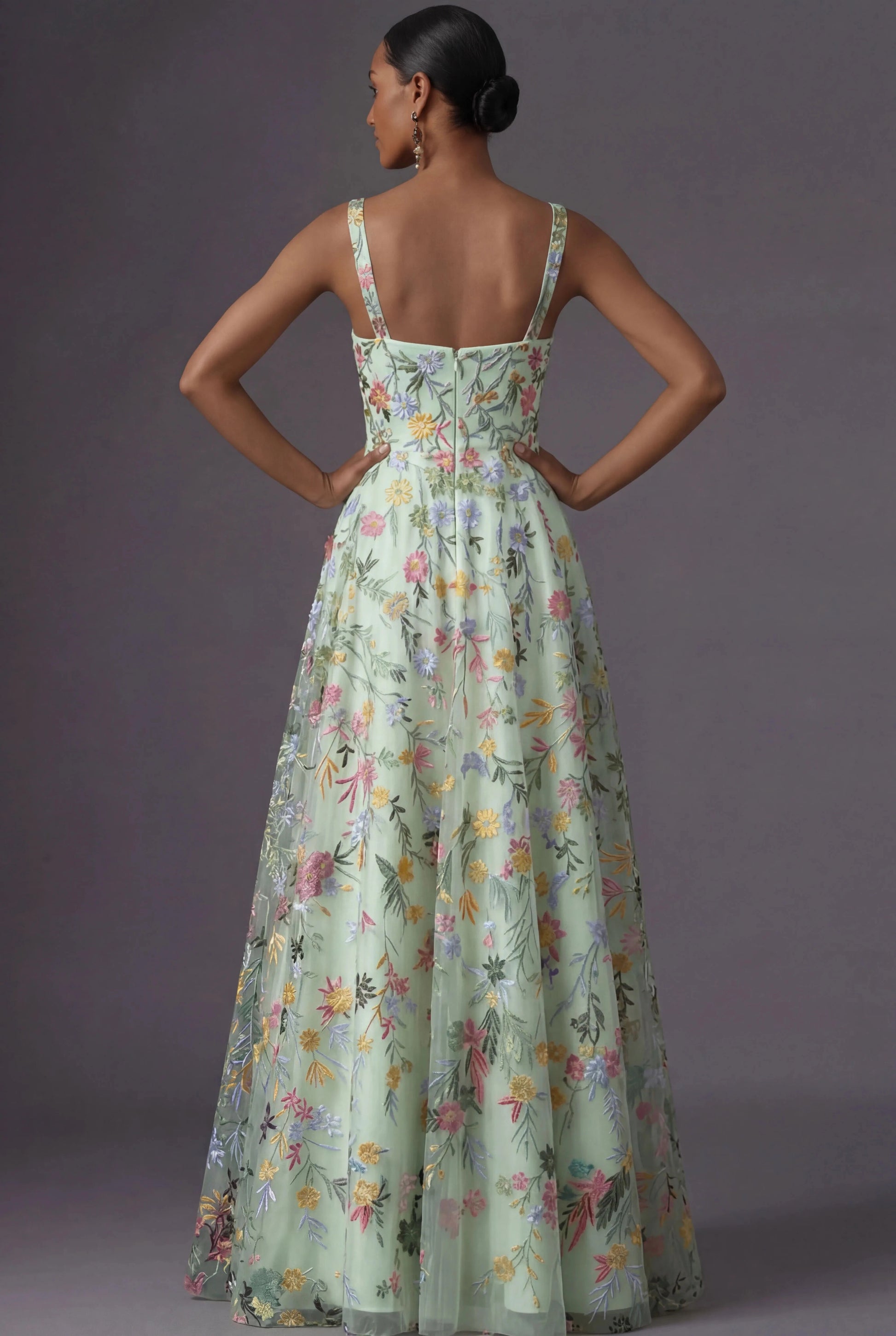 Romantic Floral Embroidered A-Line Square Neck Sleeveless Low Back Wedding Guest Dress