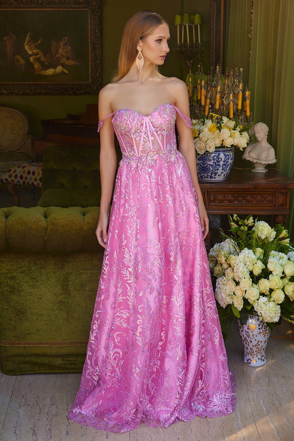 Off-shoulder glitter tulle prom gown with sweetheart neckline, corset bodice, lace-up detail, embroidered pattern, and full A-line skirt by VEDRESS