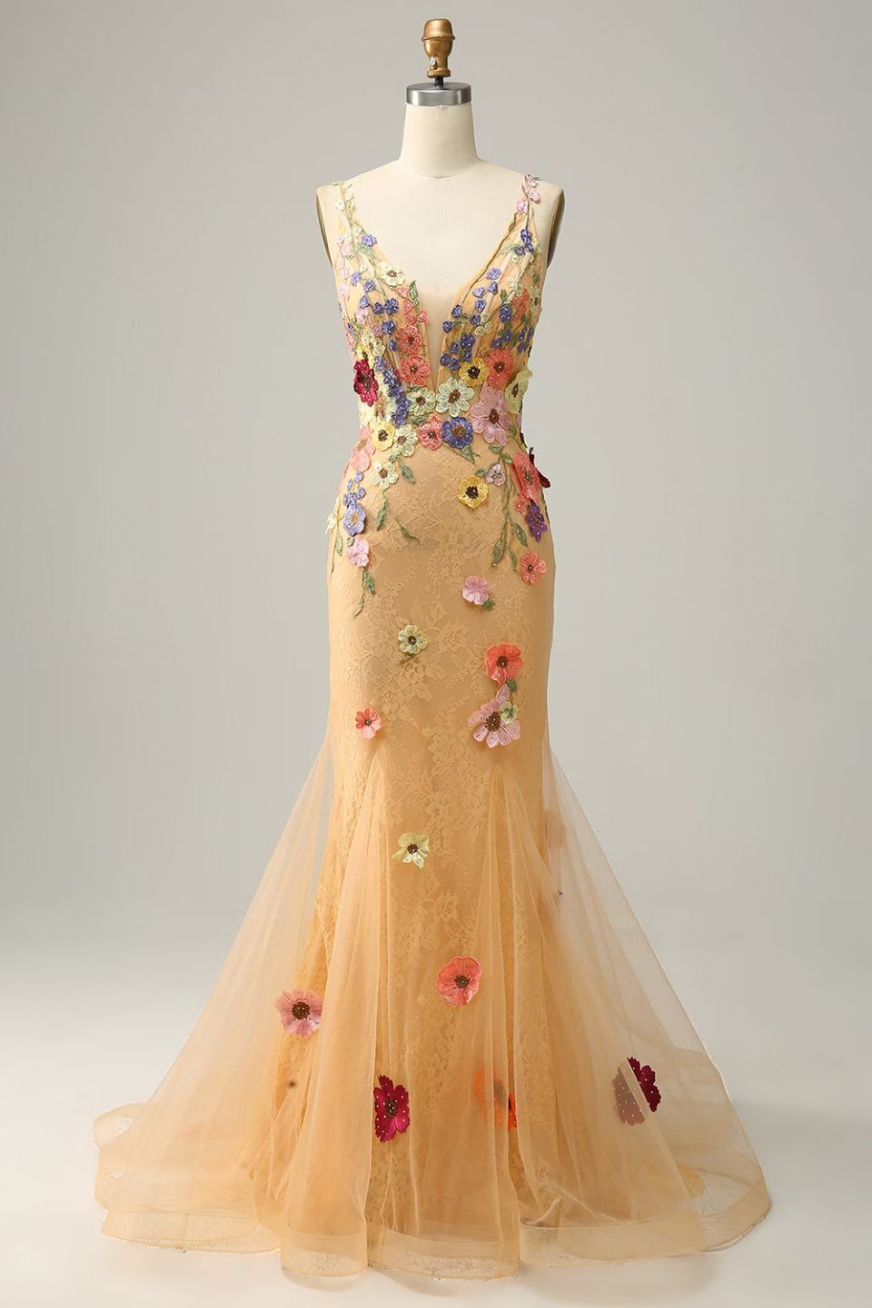 Romantic Mermaid V Neck Sleeveless Lace Up Sweep Train Prom Dress