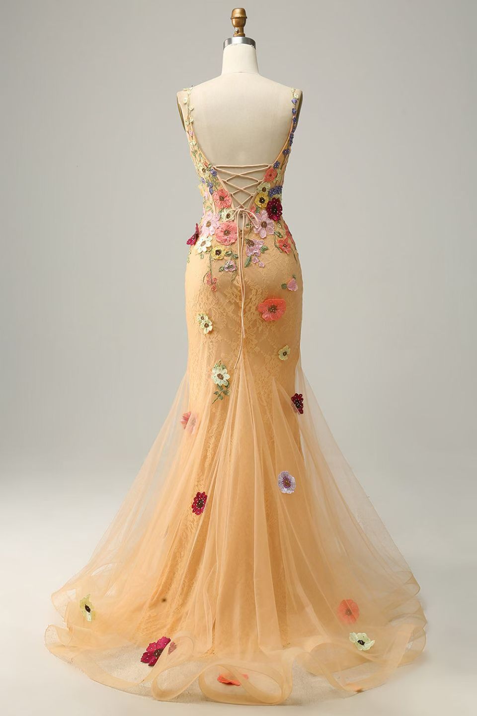 Romantic Mermaid V Neck Sleeveless Lace Up Sweep Train Prom Dress