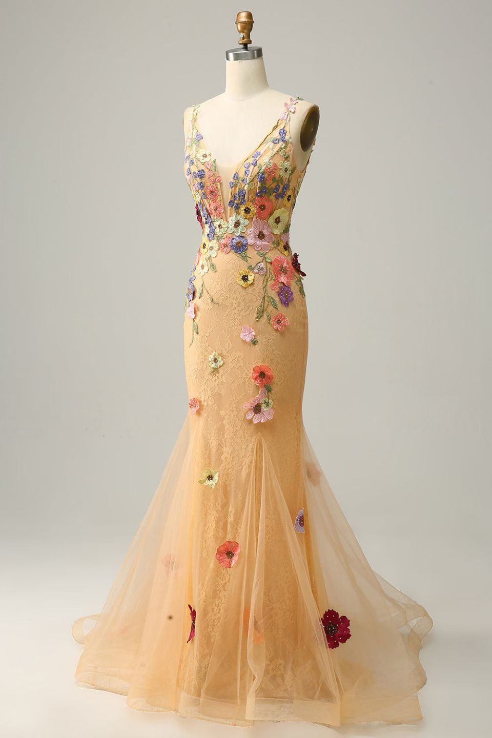 Romantic Mermaid V Neck Sleeveless Lace Up Sweep Train Prom Dress