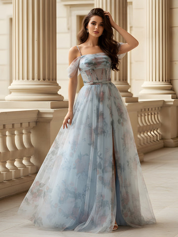 Light Blue Floral Print Off-the-Shoulder Ruffled Satin Evening Gown High Slit Mermaid Dress