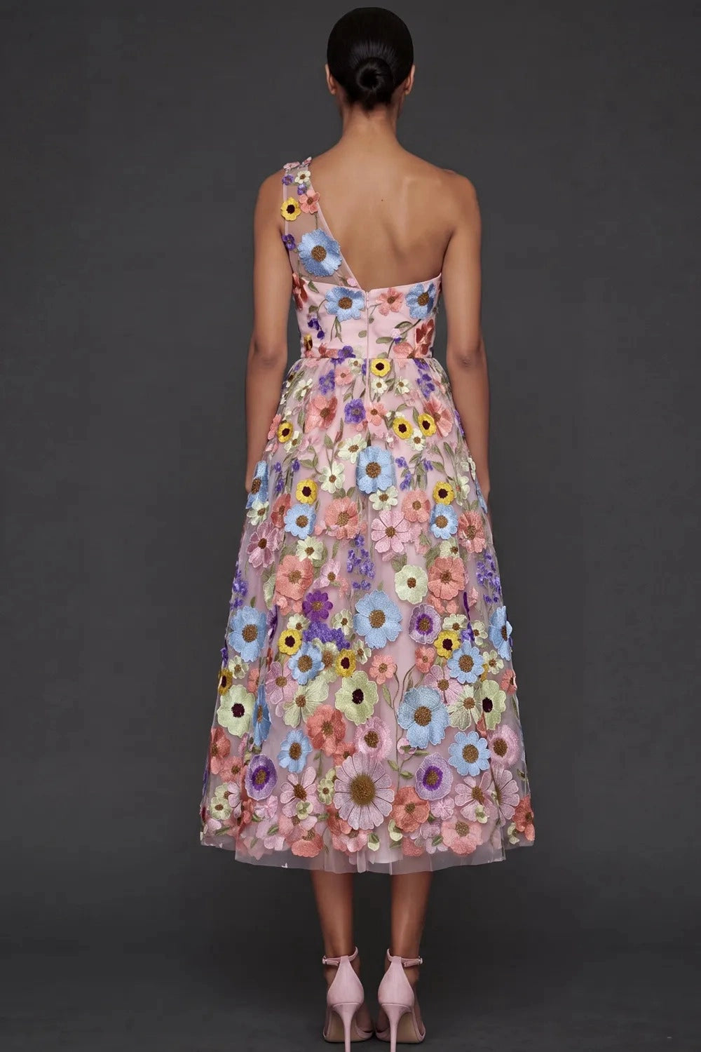 Romantic A Line One Shoulder 3D Floral Sleeveless Midi Wedding Guest Dress