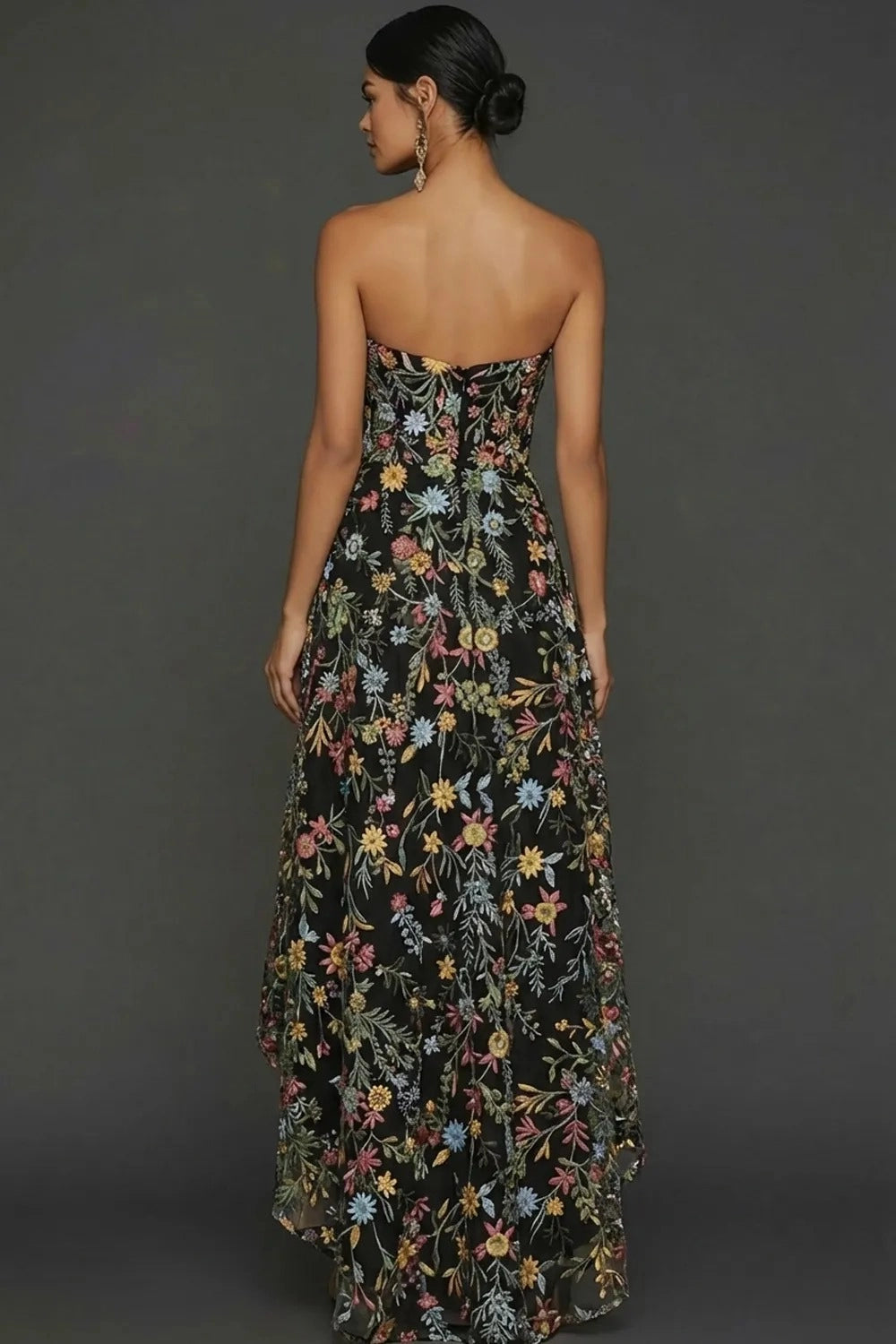 Romantic A Line Sweetheart Strapless Floral Embroidered High Low Wedding Guest Dress