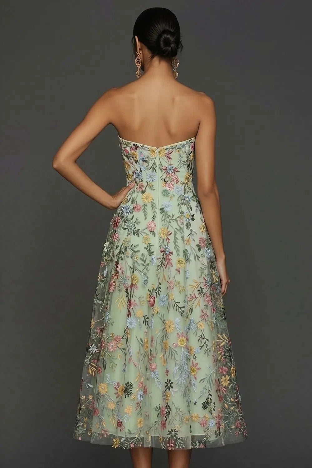 Romantic Floral Embroidered A-Line Sweetheart Strapless Backless Midi Wedding Guest Dress
