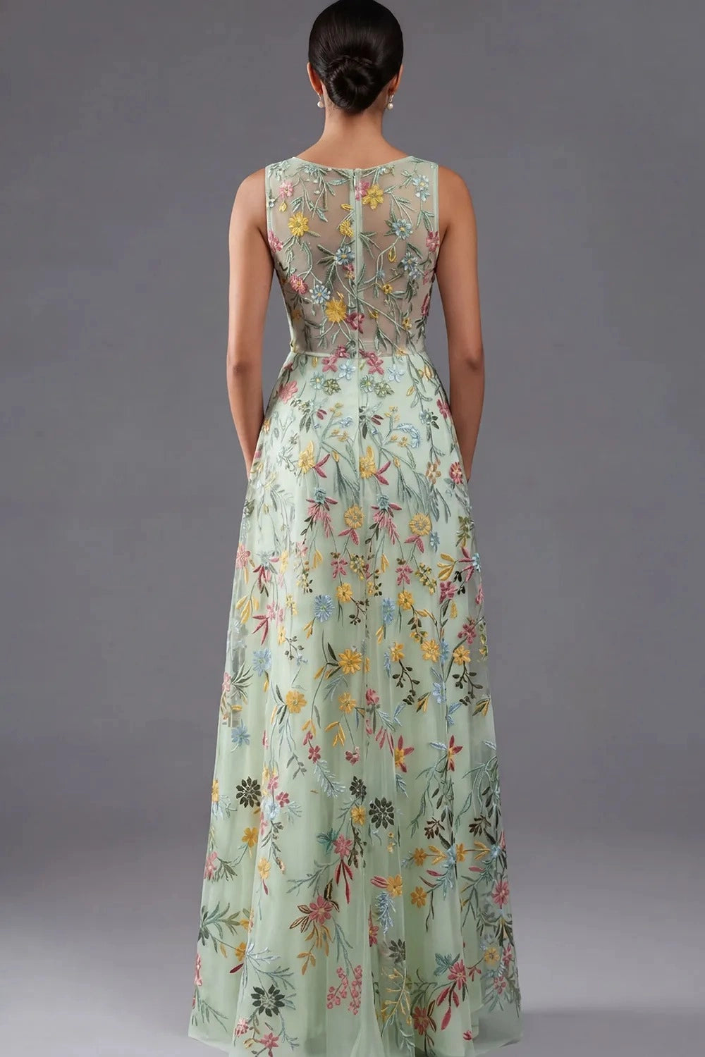 Elegant A Line V Neck Sleeveless Floral Embroidered Slit Floor Length Wedding Guest Dress