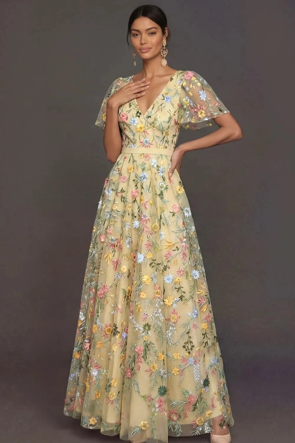 Romantic Floral Embroidered A-Line V-Neck Flutter Sleeve Long Wedding Guest Dress