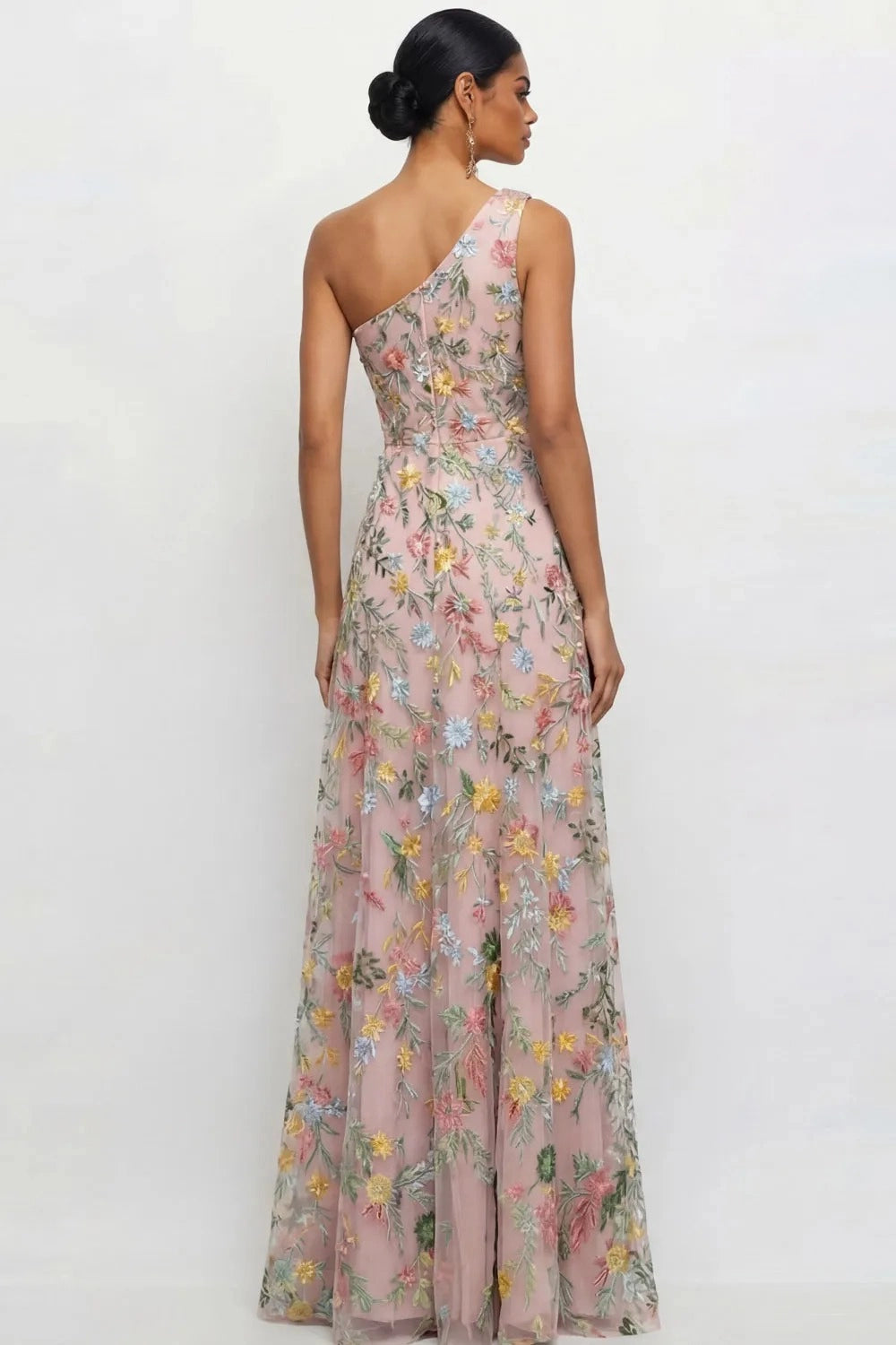 Chic A Line One Shoulder Floral Embroidered Slit Floor Length Wedding Guest Dress