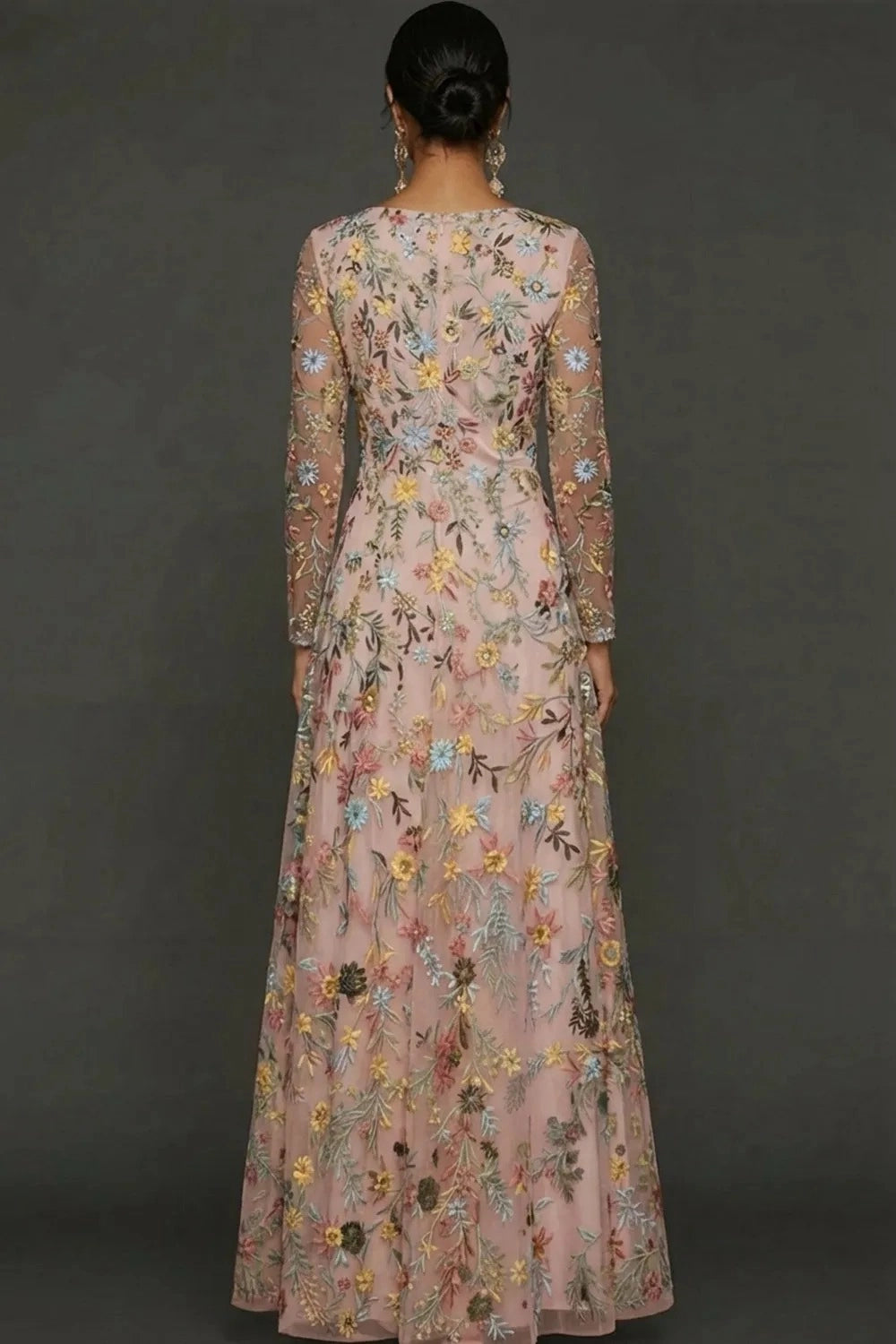 Elegant A Line V Neck Long Sleeve Floral Embroidered Floor Length Wedding Guest Dress