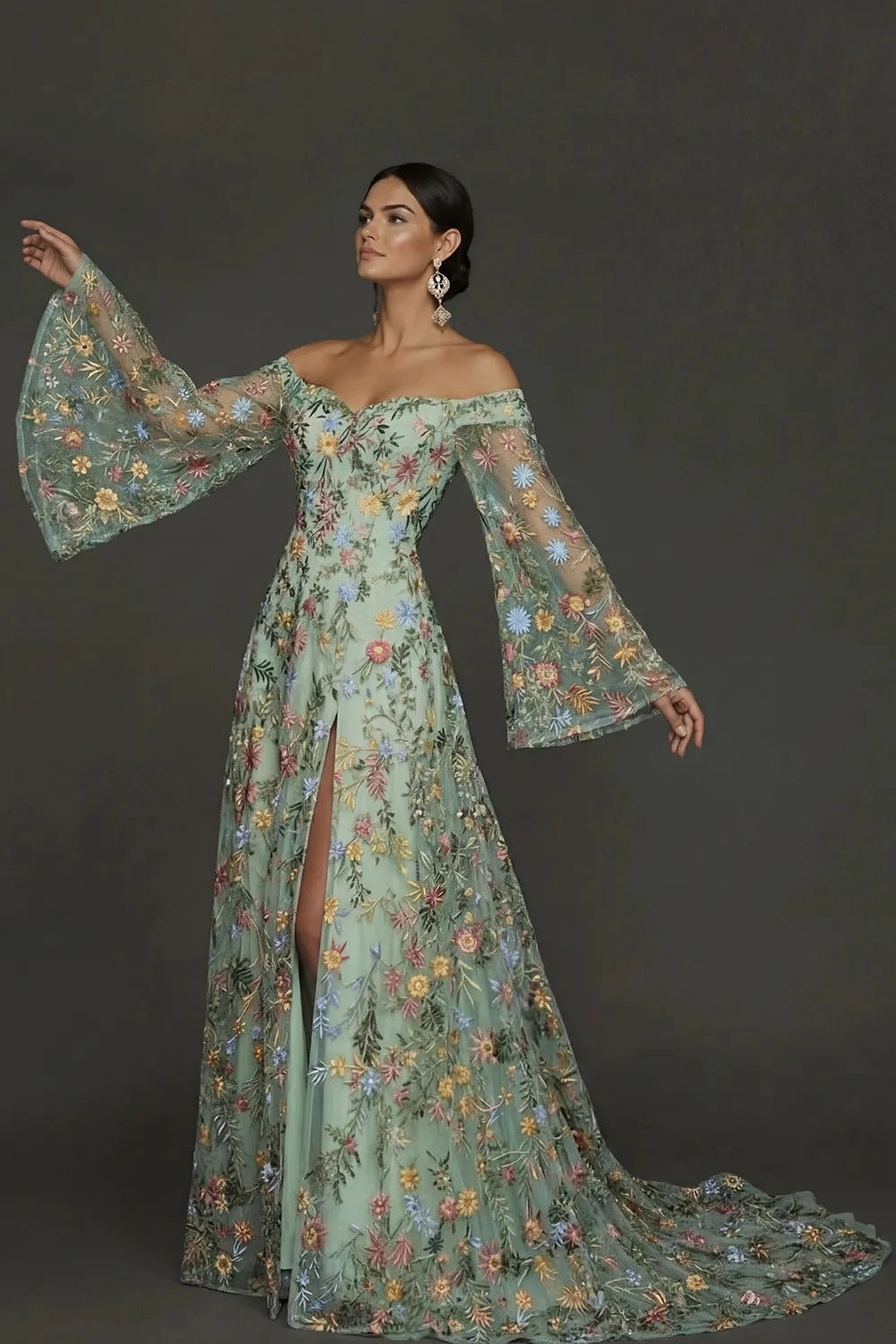Romantic A Line Sweetheart Off Shoulder Floral Embroidered Bell Sleeve Wedding Guest Dress