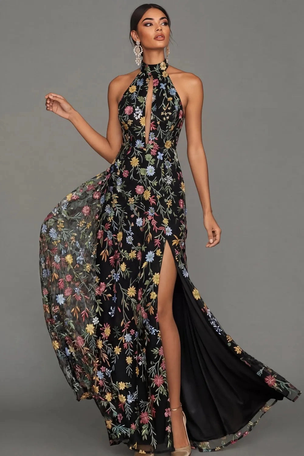 Romantic Floral Embroidered A-Line Halter Sleeveless Backless Long Wedding Guest Dress