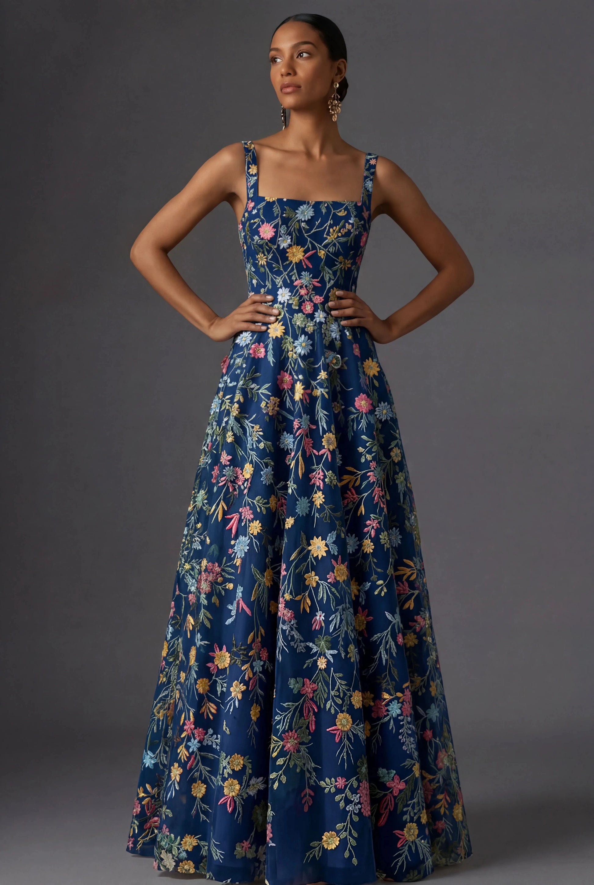 Romantic Floral Embroidered A-Line Square Neck Sleeveless Low Back Wedding Guest Dress