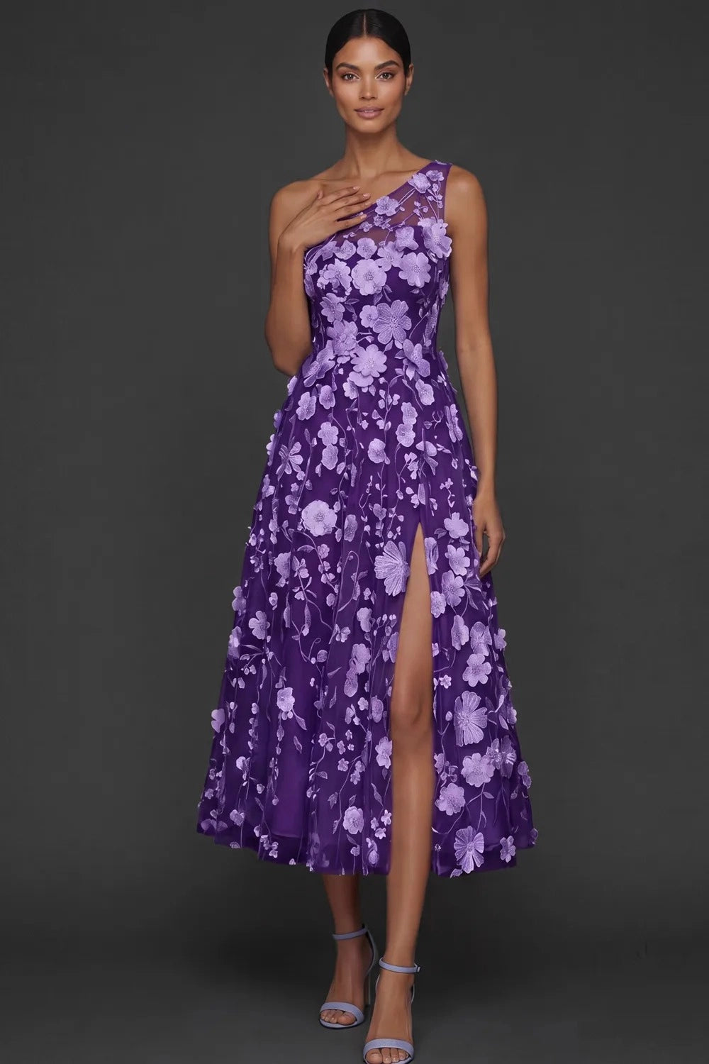 Romantic A Line One Shoulder 3D Floral Sleeveless Midi Wedding Guest Dress