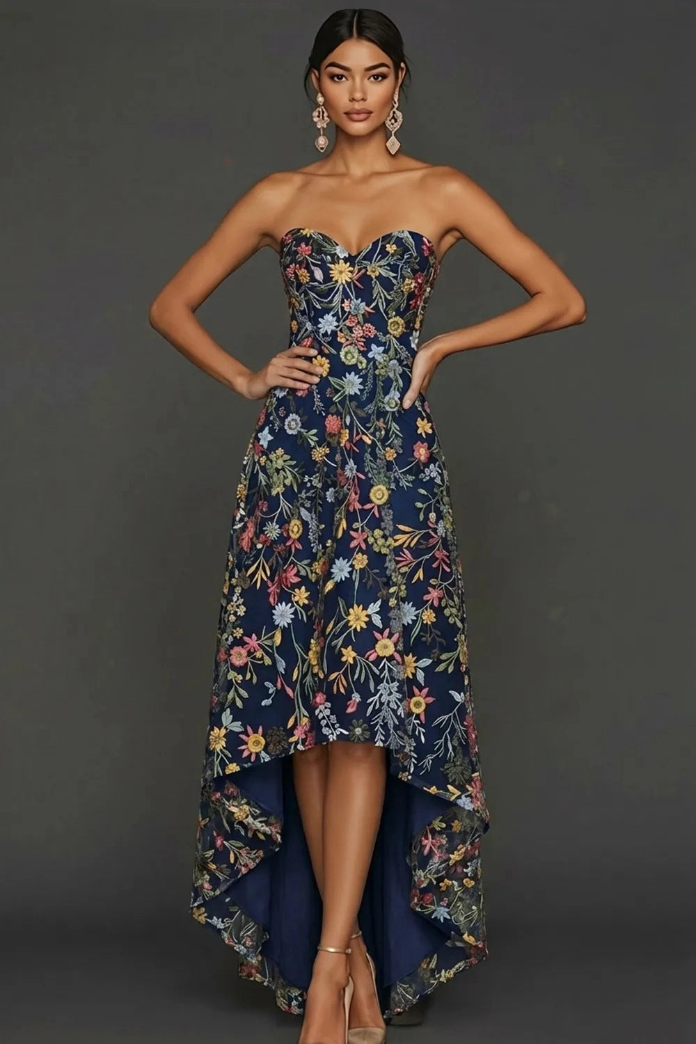 Romantic A Line Sweetheart Strapless Floral Embroidered High Low Wedding Guest Dress