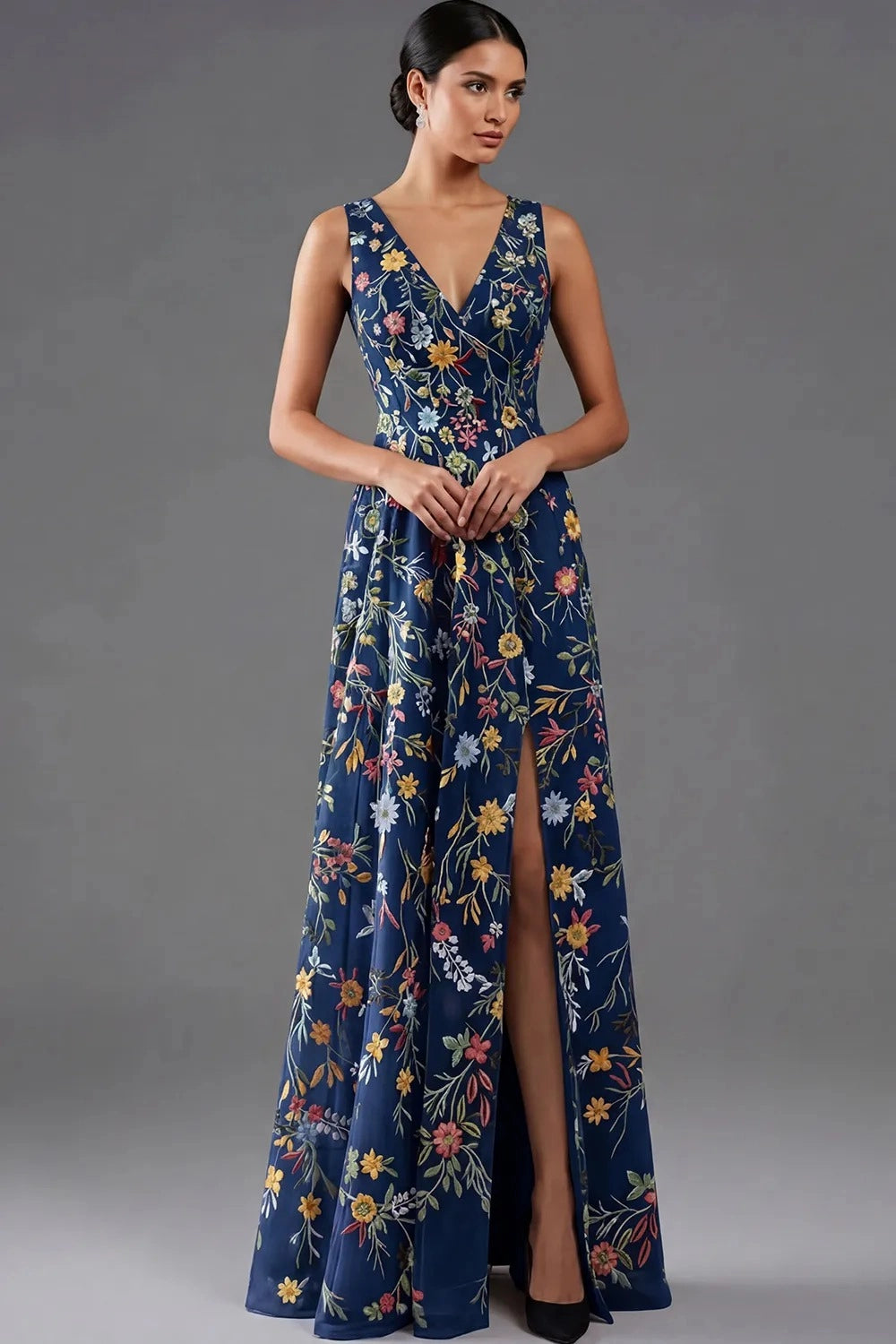 Elegant A Line V Neck Sleeveless Floral Embroidered Slit Floor Length Wedding Guest Dress
