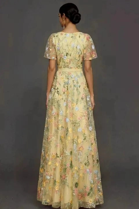 Romantic Floral Embroidered A-Line V-Neck Flutter Sleeve Long Wedding Guest Dress