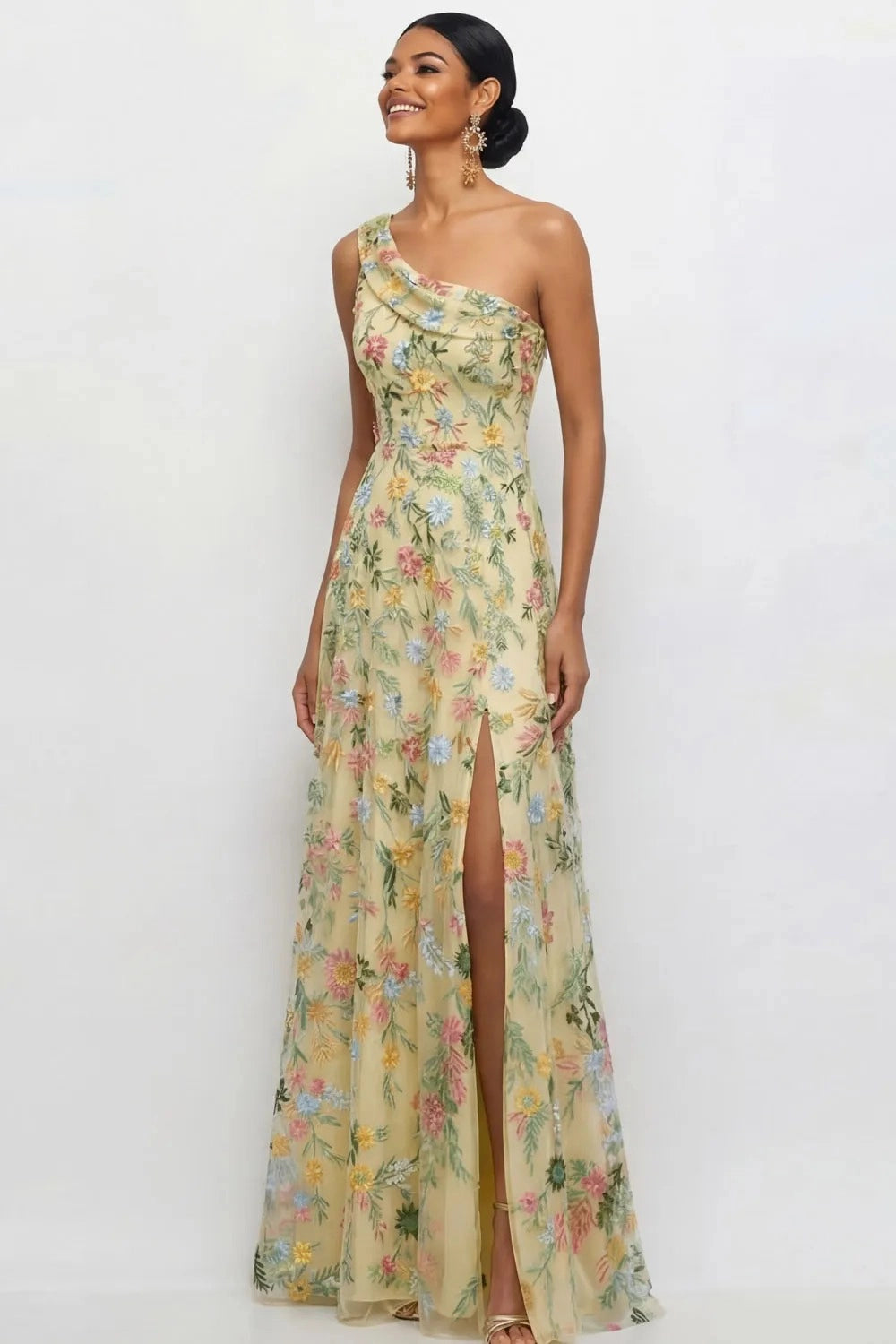 Chic A Line One Shoulder Floral Embroidered Slit Floor Length Wedding Guest Dress