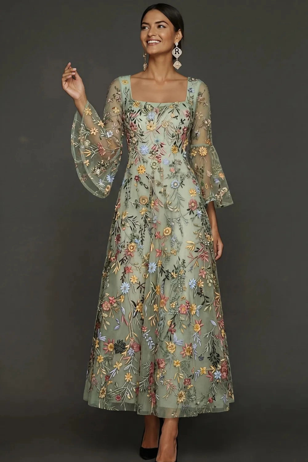 Elegant Floral Embroidered A-Line Square Neck Flutter Sleeve Ankle Length Wedding Guest Dress