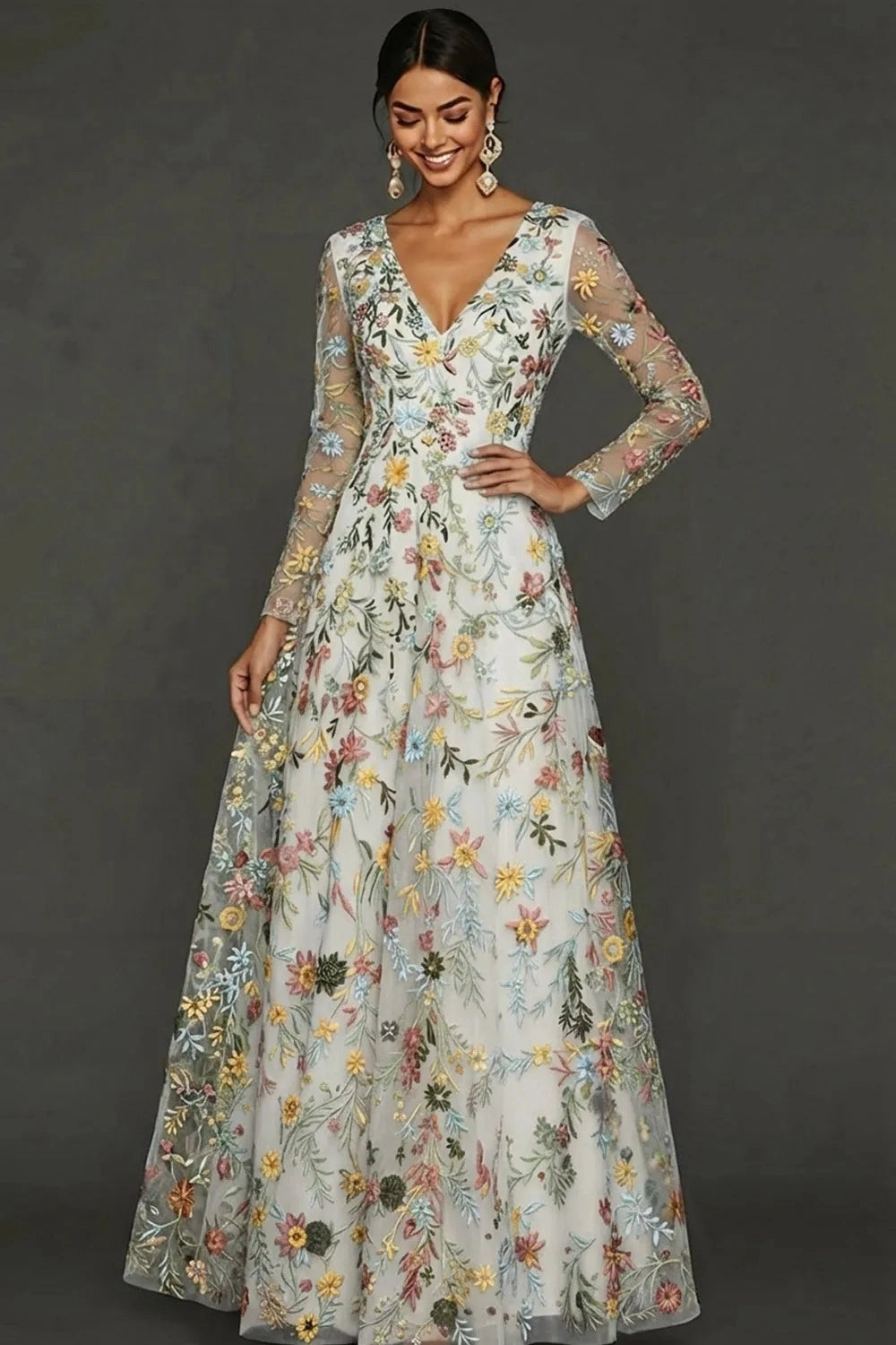 Elegant A Line V Neck Long Sleeve Floral Embroidered Floor Length Wedding Guest Dress