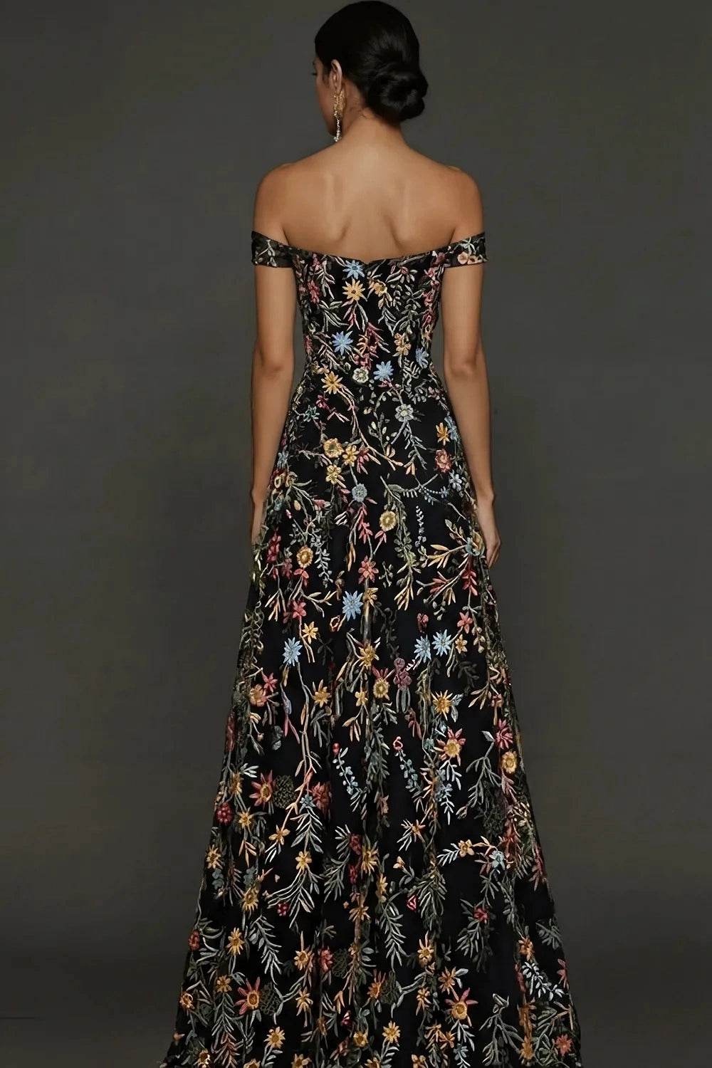 Romantic A Line Sweetheart Off Shoulder Floral Embroidered Floor Length Wedding Guest Dress
