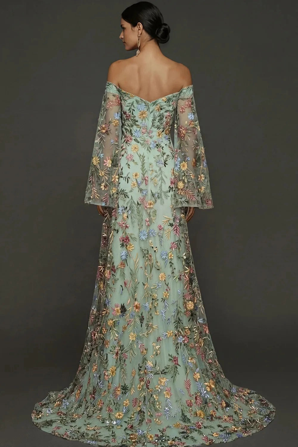 Romantic A Line Sweetheart Off Shoulder Floral Embroidered Bell Sleeve Wedding Guest Dress