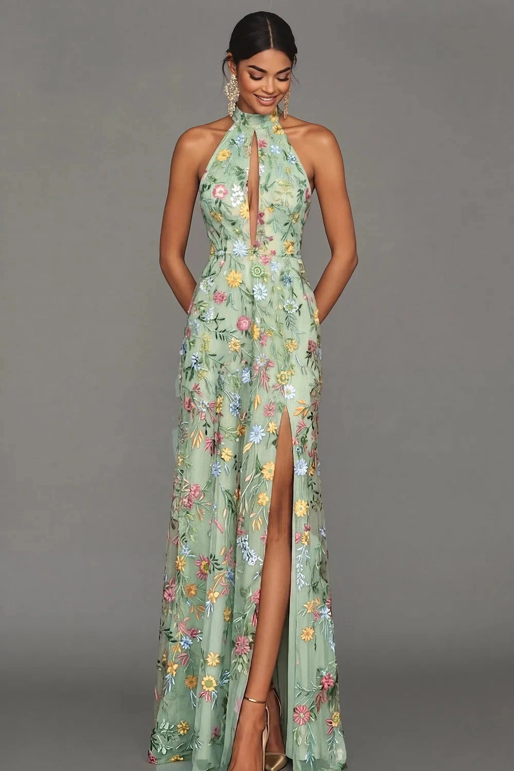 Romantic Floral Embroidered A-Line Halter Sleeveless Backless Long Wedding Guest Dress