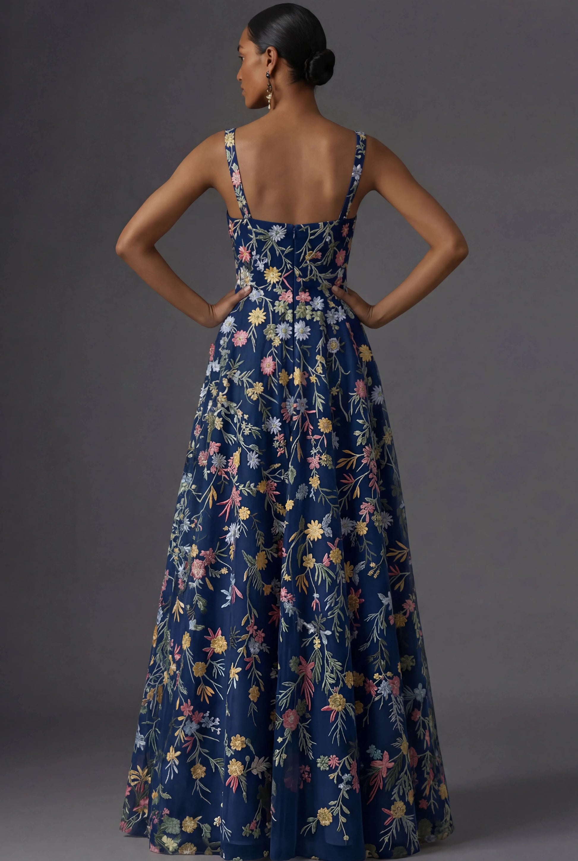 Romantic Floral Embroidered A-Line Square Neck Sleeveless Low Back Wedding Guest Dress