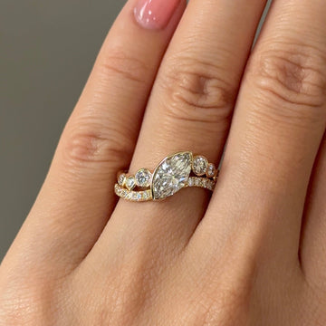Gold Tone Pear Cut Cluster Engagement Ring with Pavé Band