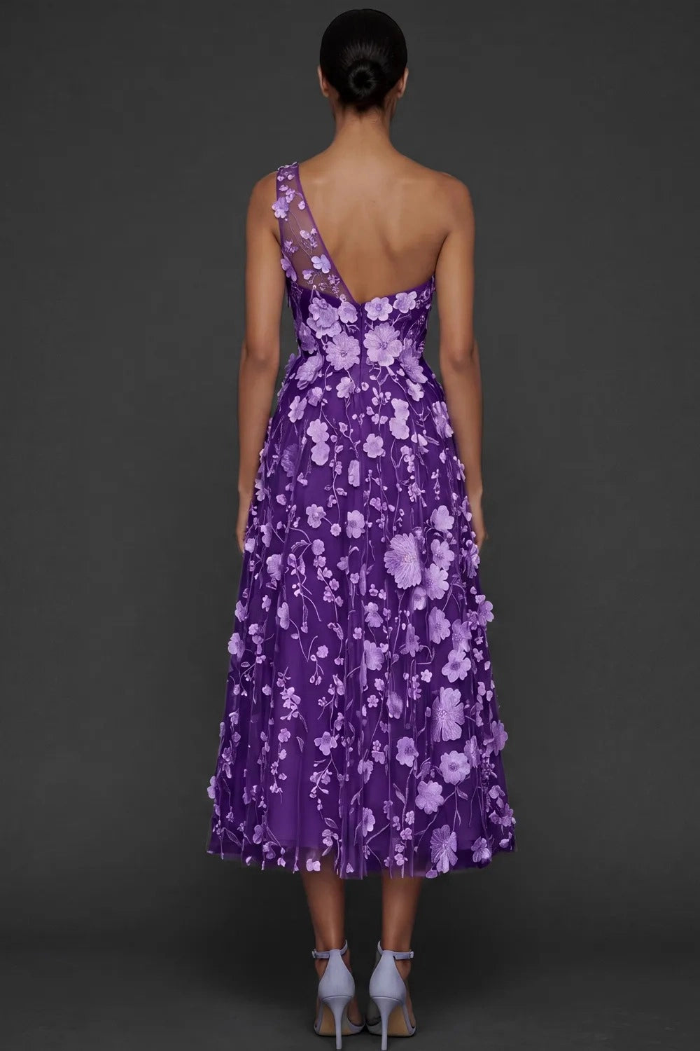 Romantic A Line One Shoulder 3D Floral Sleeveless Midi Wedding Guest Dress