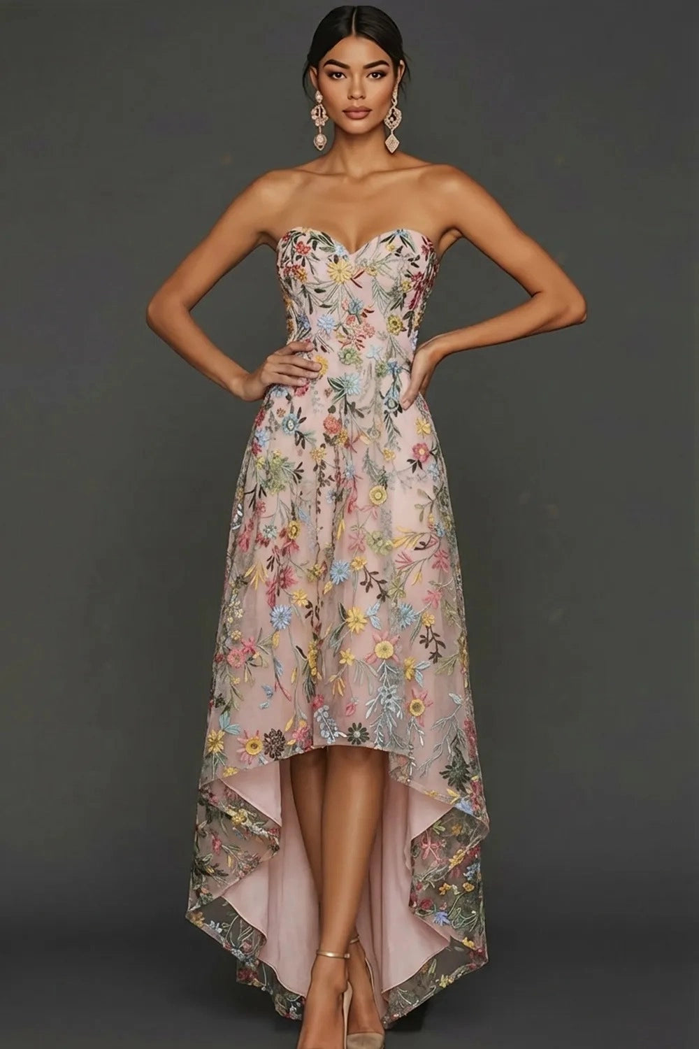 Romantic A Line Sweetheart Strapless Floral Embroidered High Low Wedding Guest Dress