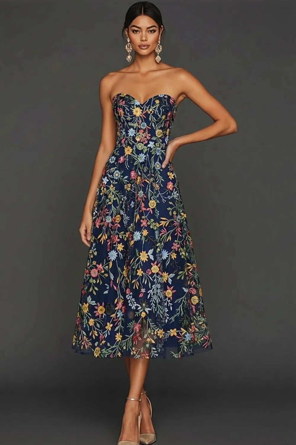 Romantic Floral Embroidered A-Line Sweetheart Strapless Backless Midi Wedding Guest Dress
