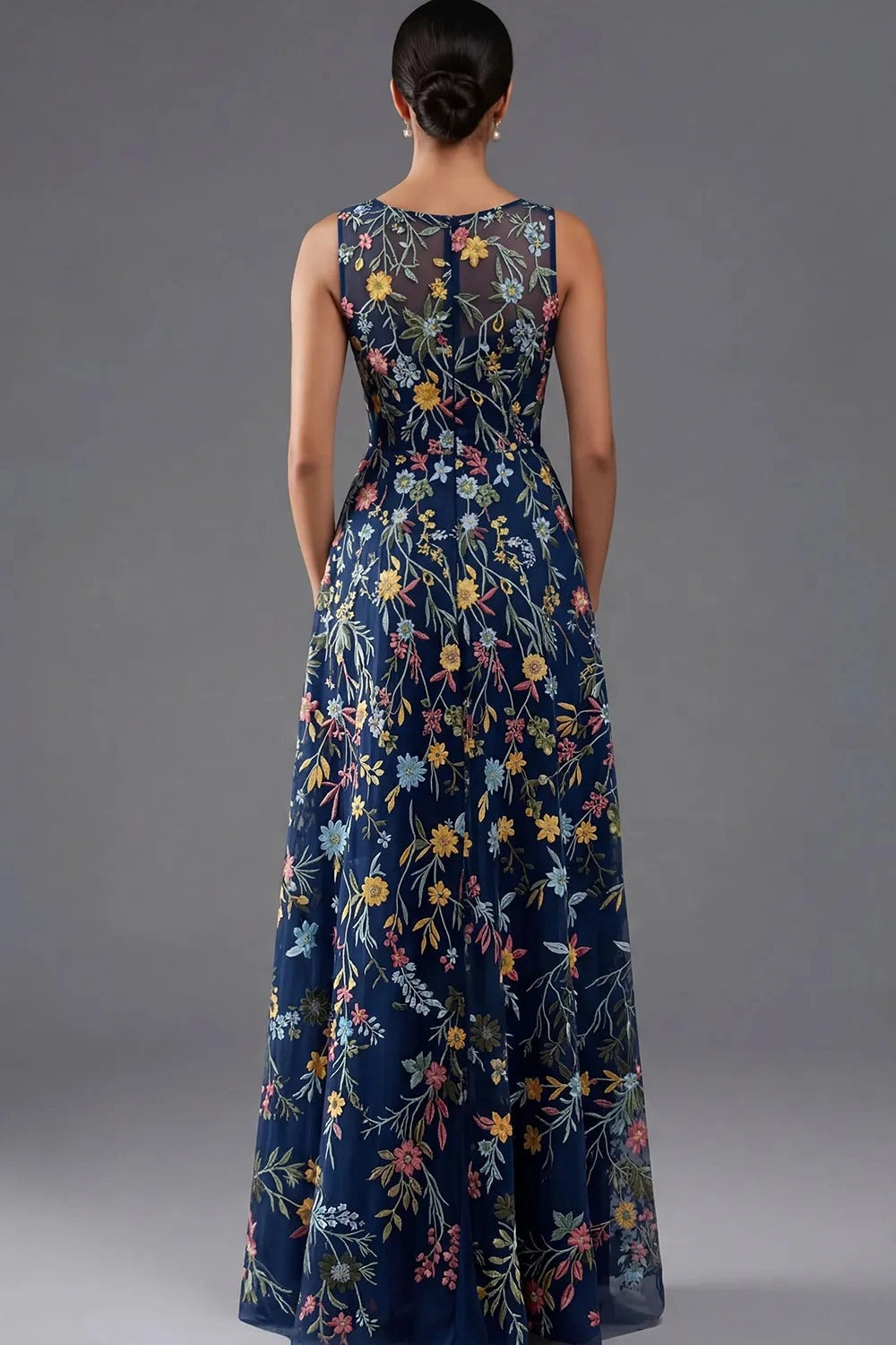Elegant A Line V Neck Sleeveless Floral Embroidered Slit Floor Length Wedding Guest Dress