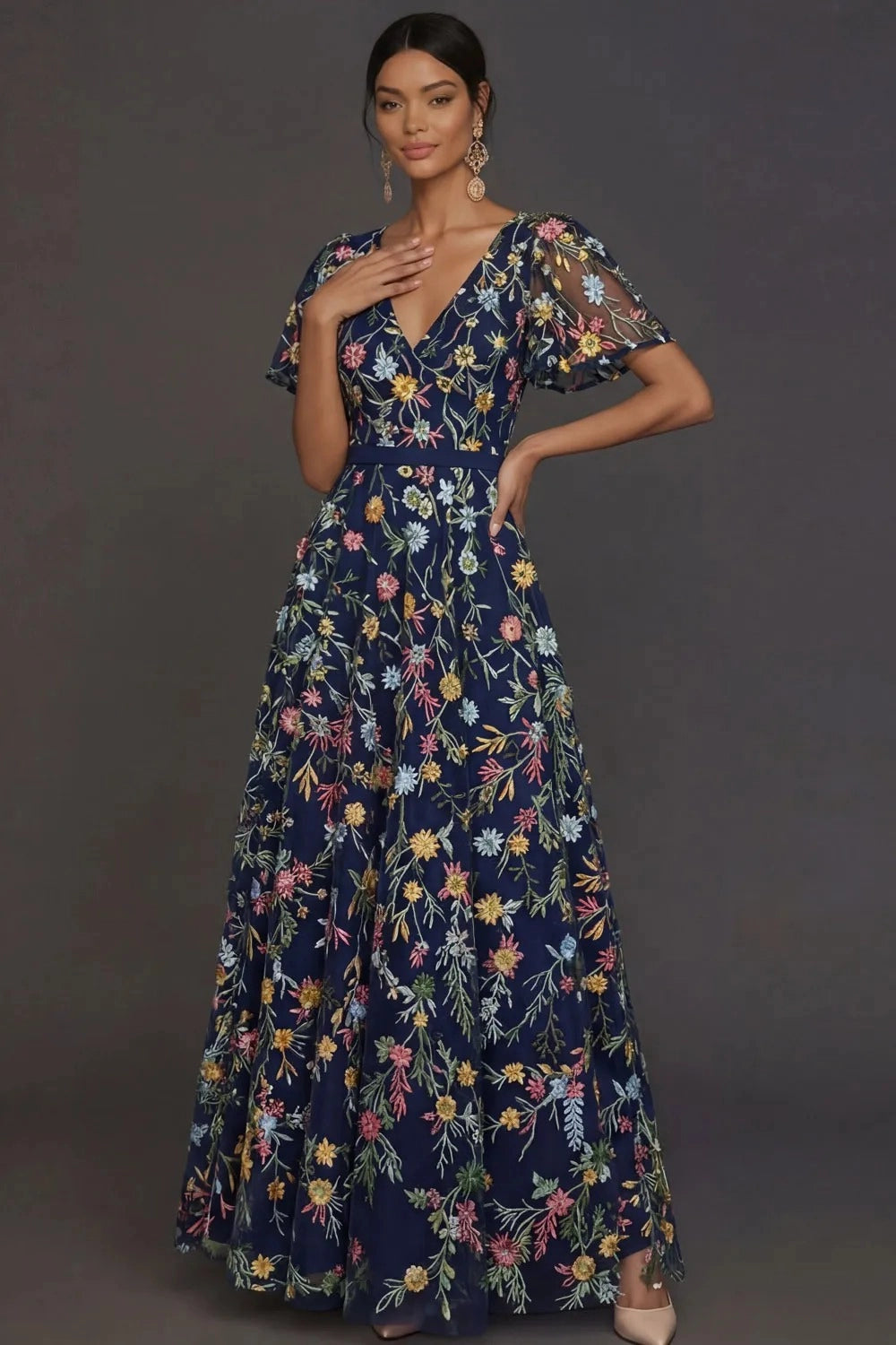 Romantic Floral Embroidered A-Line V-Neck Flutter Sleeve Long Wedding Guest Dress