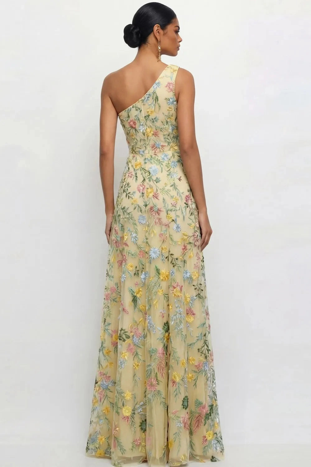 Chic A Line One Shoulder Floral Embroidered Slit Floor Length Wedding Guest Dress