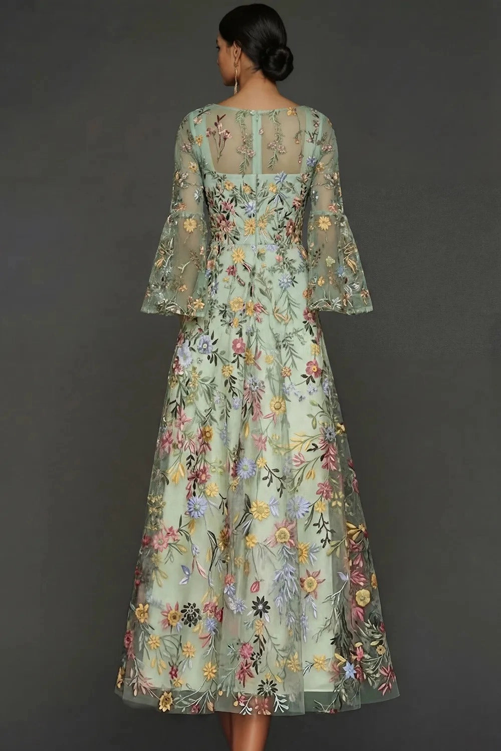 Elegant Floral Embroidered A-Line Square Neck Flutter Sleeve Ankle Length Wedding Guest Dress