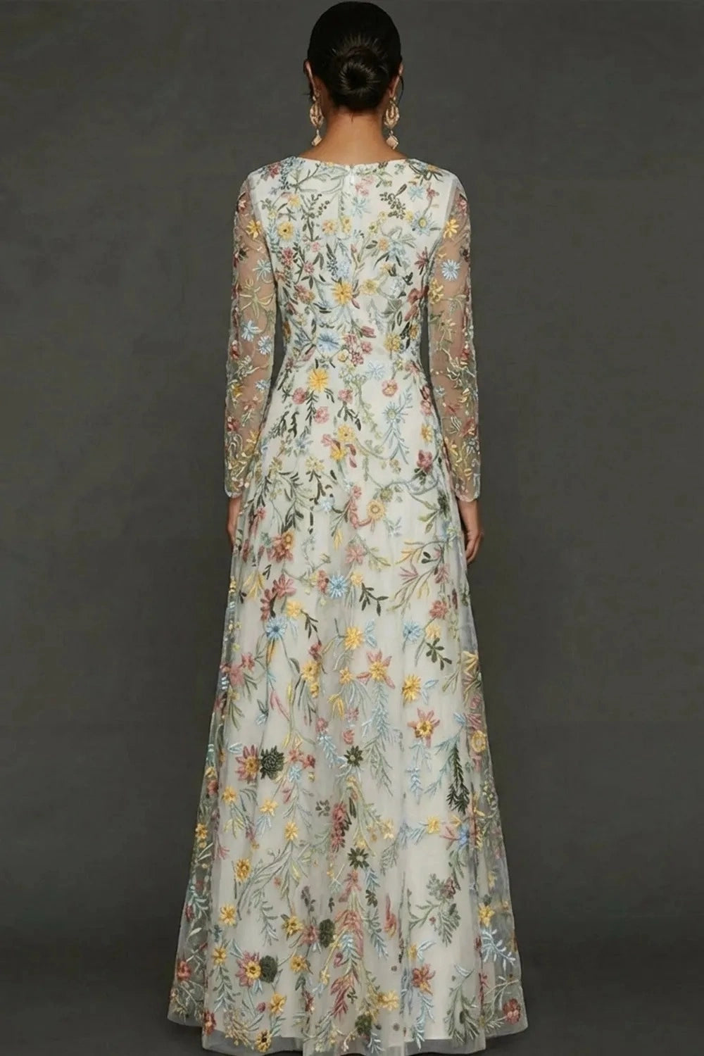 Elegant A Line V Neck Long Sleeve Floral Embroidered Floor Length Wedding Guest Dress