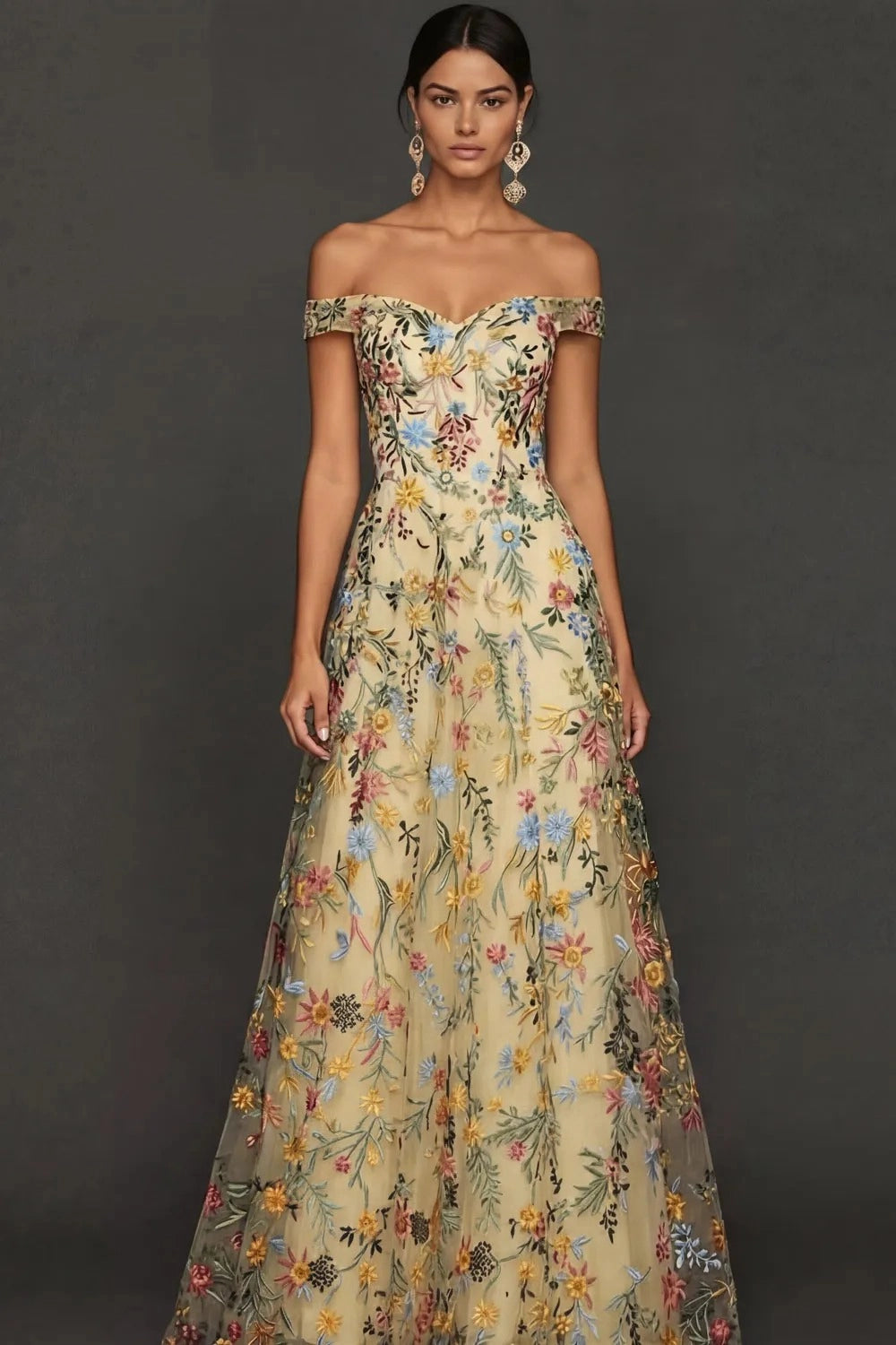 Romantic A Line Sweetheart Off Shoulder Floral Embroidered Floor Length Wedding Guest Dress