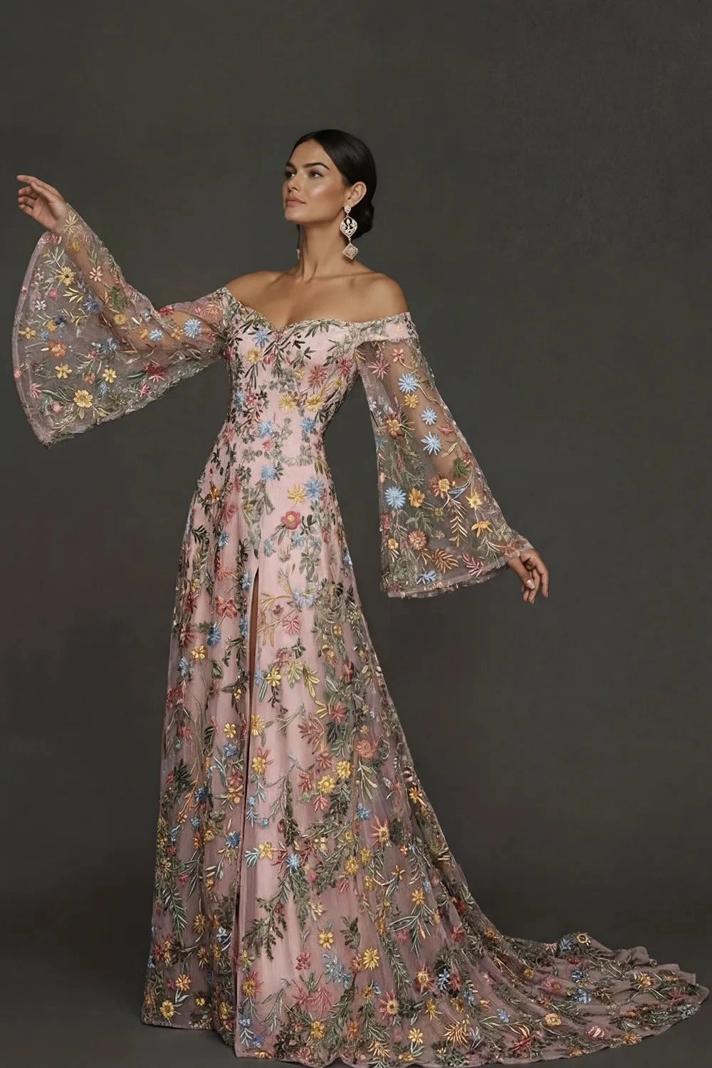 Romantic A Line Sweetheart Off Shoulder Floral Embroidered Bell Sleeve Wedding Guest Dress