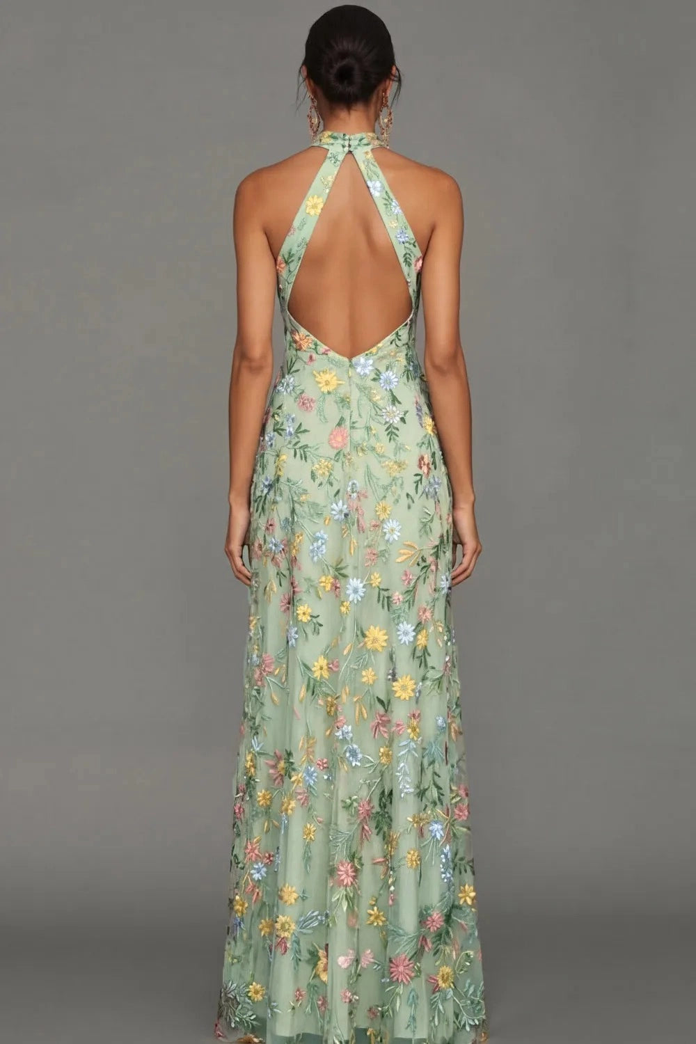 Romantic Floral Embroidered A-Line Halter Sleeveless Backless Long Wedding Guest Dress