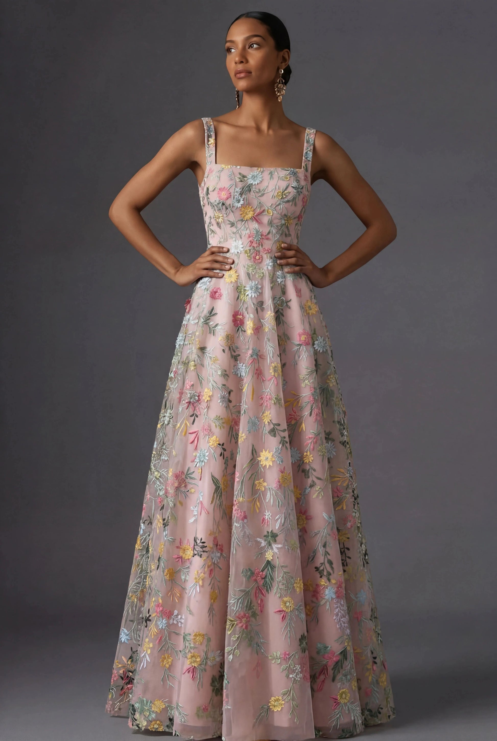Romantic Floral Embroidered A-Line Square Neck Sleeveless Low Back Wedding Guest Dress