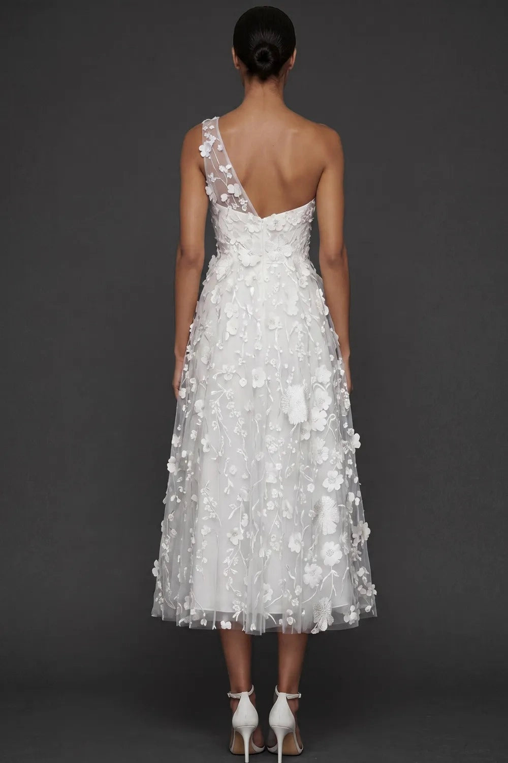 Romantic A Line One Shoulder 3D Floral Sleeveless Midi Wedding Guest Dress