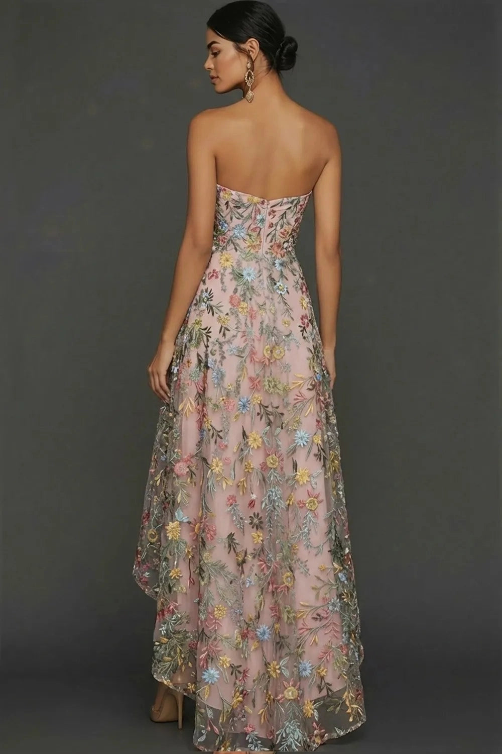 Romantic A Line Sweetheart Strapless Floral Embroidered High Low Wedding Guest Dress