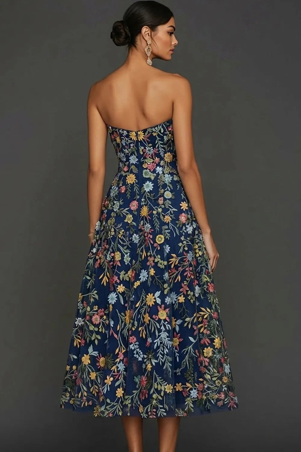 Romantic Floral Embroidered A-Line Sweetheart Strapless Backless Midi Wedding Guest Dress