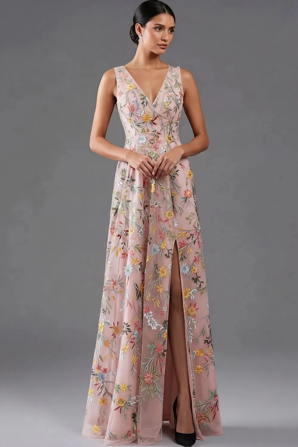 Elegant A Line V Neck Sleeveless Floral Embroidered Slit Floor Length Wedding Guest Dress