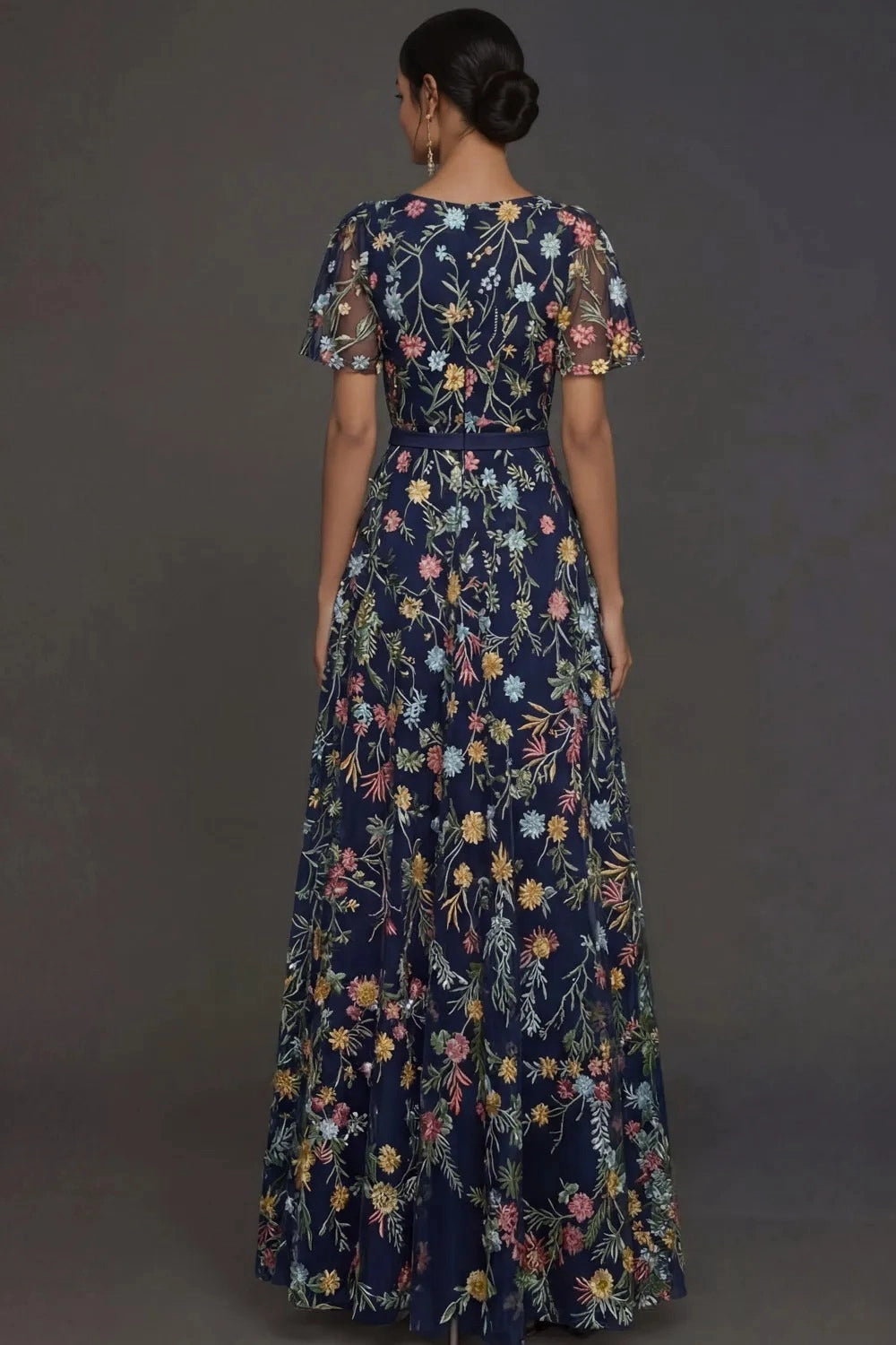 Romantic Floral Embroidered A-Line V-Neck Flutter Sleeve Long Wedding Guest Dress