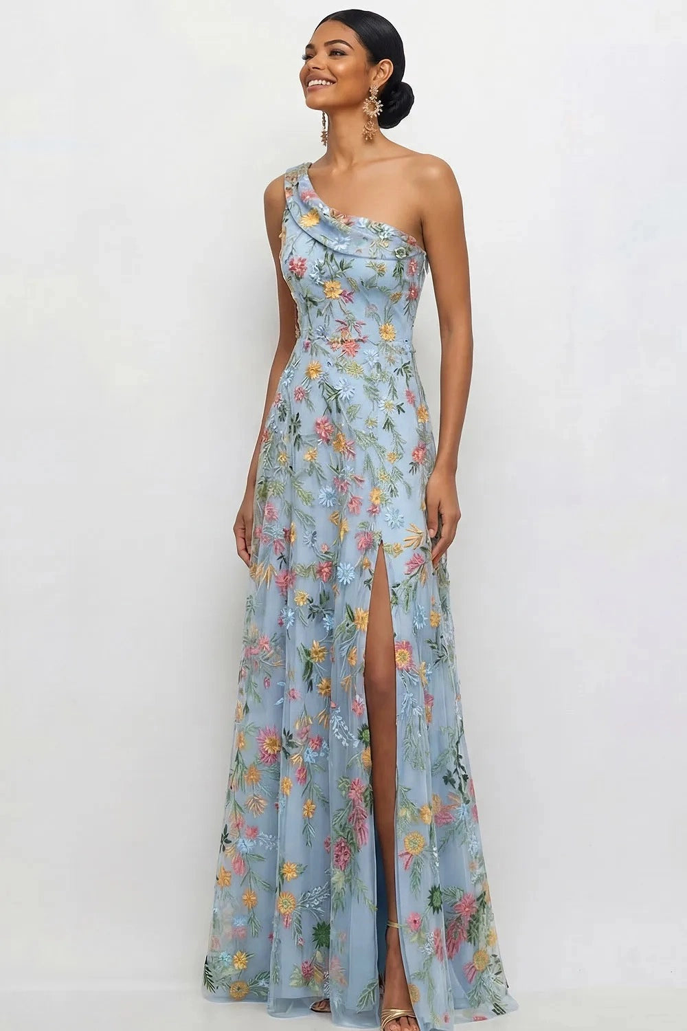 Chic A Line One Shoulder Floral Embroidered Slit Floor Length Wedding Guest Dress
